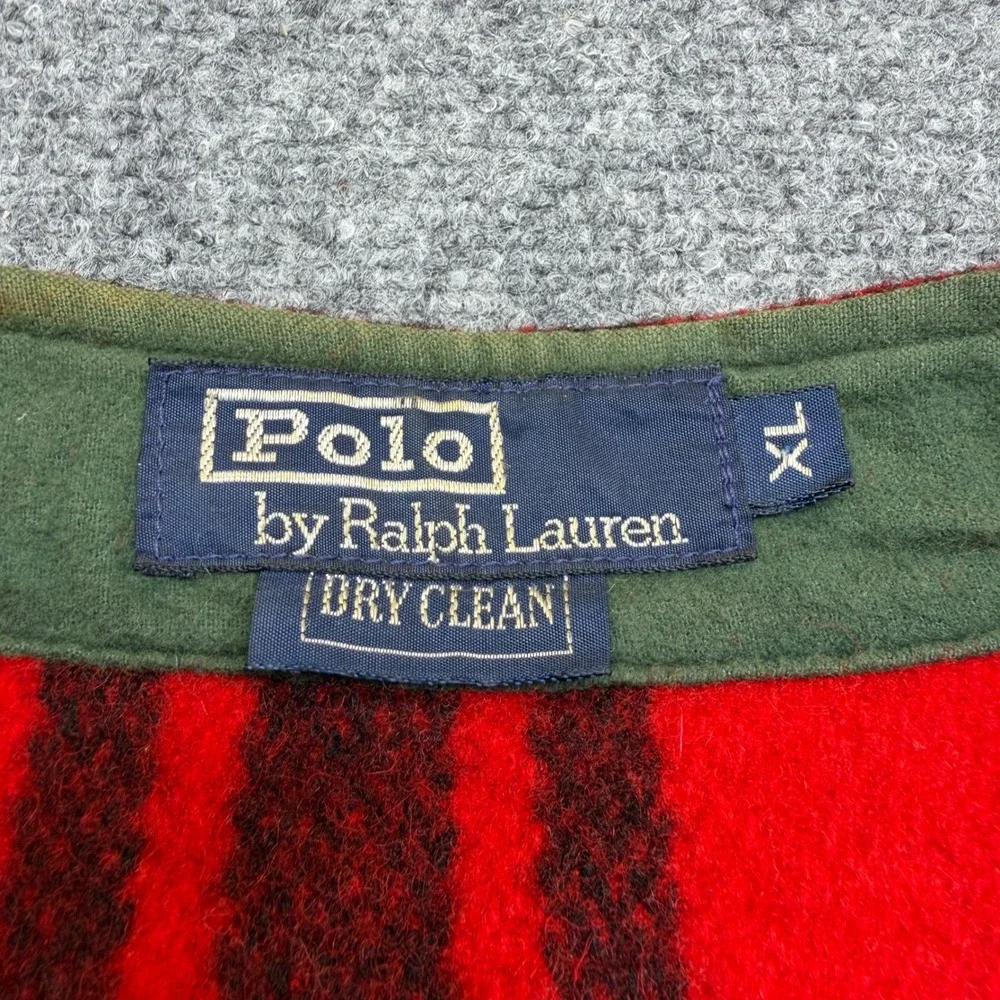 Vintage Polo Ralph Lauren Mens XL Red Black Plaid Wool Hunting Vest Leather Trim